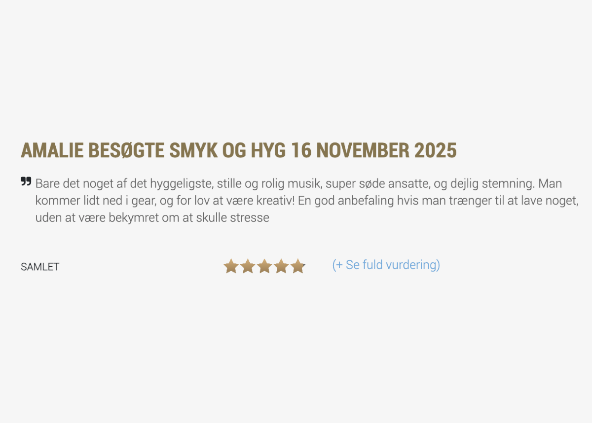 Femstjernet kundeanmeldelse af Smyk&Hyg i Vejle om at lave sine egne smykker i den hyggelige smykkecafé.