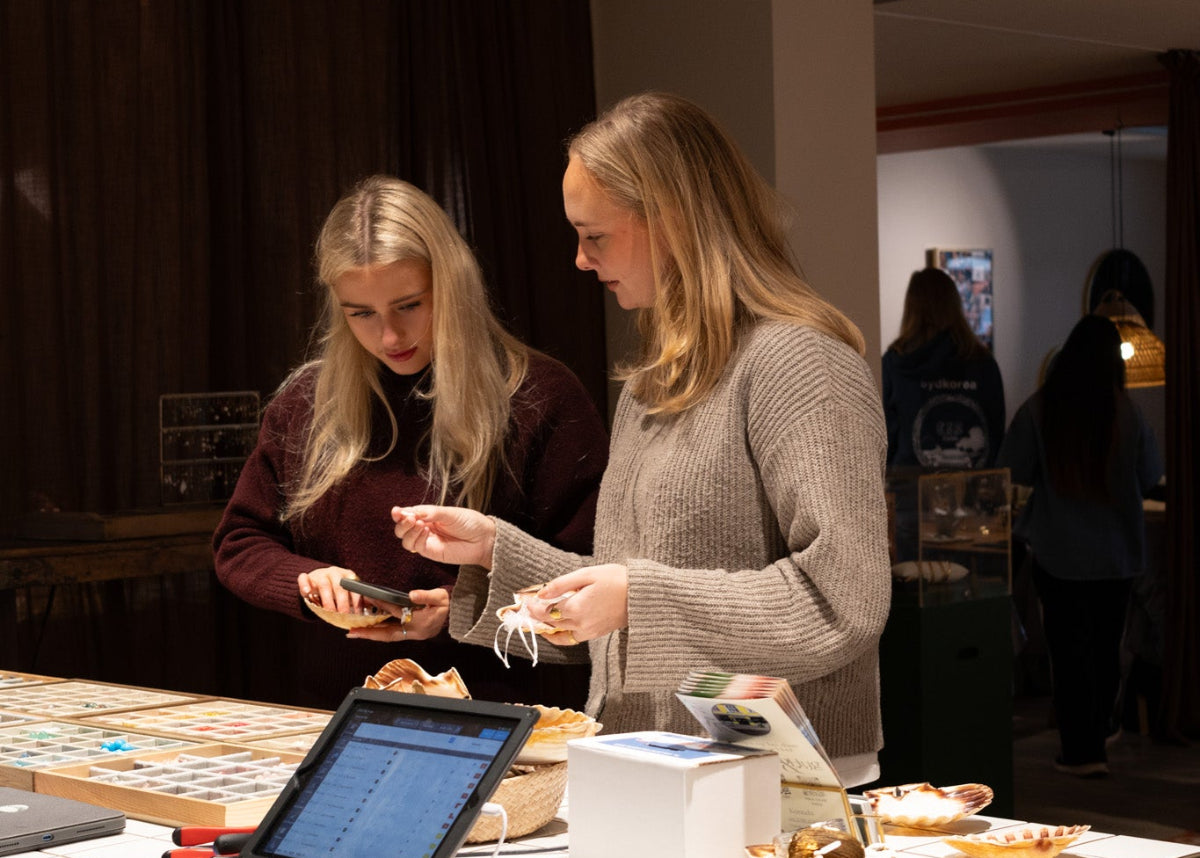 To unge kvinder står ved et bord i Smyk&Hyg i Vejle og udvælger perler og materialer til smykkefremstilling i en varm og hyggelig atmosfære.