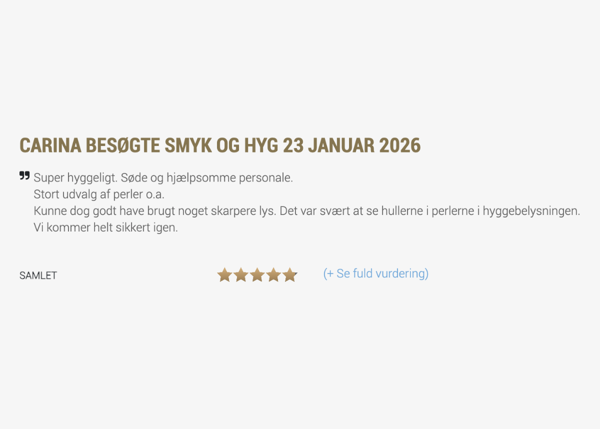 Femstjernet kundeanmeldelse af Smyk&Hyg i Vejle om at lave sine egne smykker i den hyggelige smykkecafé.