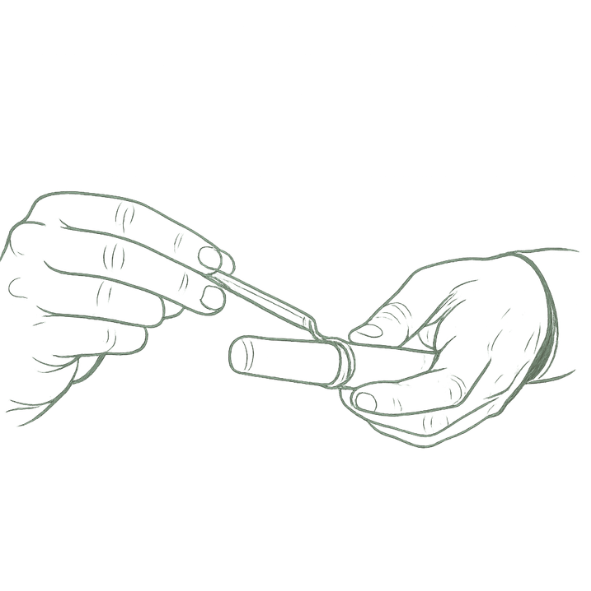 Illustration af hænder der smelter og former specialvoks omkring en ring i SMELT-processen hos Smyk&Hyg, hvor man designer sin egen vielsesring med fingeraftryk