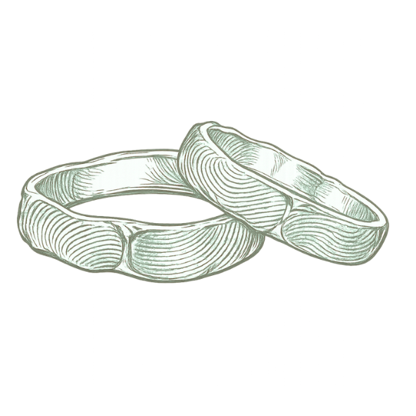 Illustration af to færdige vielsesringe med personlige fingeraftryk lavet gennem SMELT-konceptet hos Smyk&Hyg